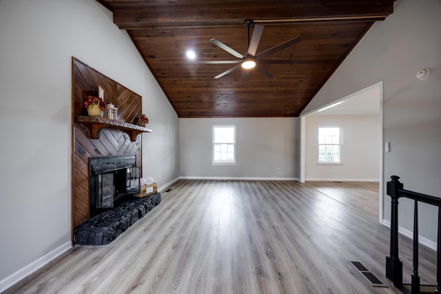 unfurnished living room featuring wooden ceiling, light hardwood / wood-style flooring, ceiling fan, and lofted ceiling