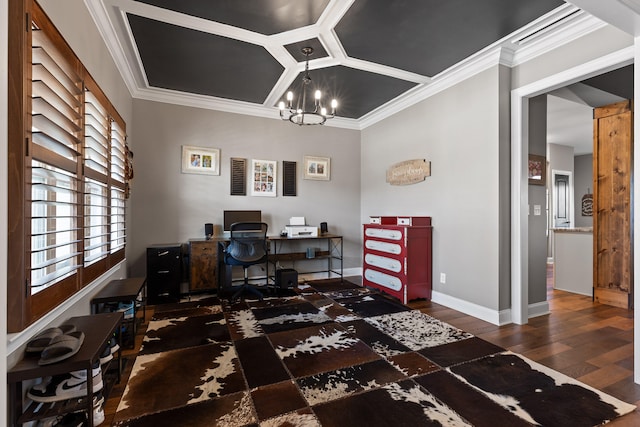 home office featuring an inviting chandelier, coffered ceiling, ornamental molding, and dark hardwood / wood-style flooring