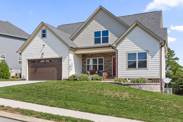 view of front of house featuring a garage, a front lawn, and central air condition unit