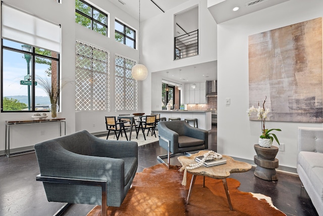 living room featuring concrete flooring and a high ceiling