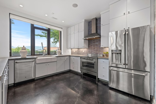 kitchen featuring tasteful backsplash, wall chimney exhaust hood, stainless steel appliances, sink, and white cabinets