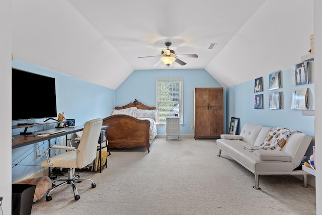 carpeted bedroom featuring ceiling fan and lofted ceiling