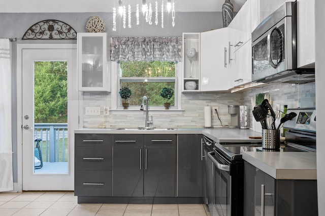 kitchen with sink, white cabinetry, hanging light fixtures, stainless steel appliances, and backsplash