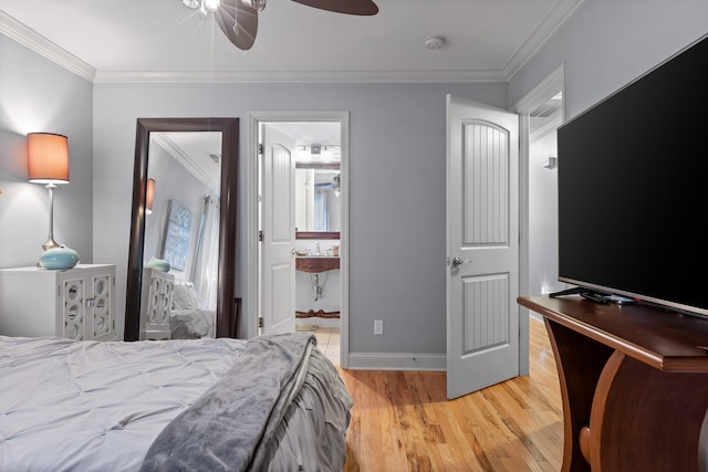 bedroom with light hardwood / wood-style flooring, ensuite bath, ceiling fan, and ornamental molding