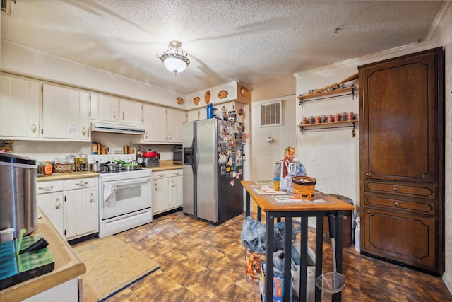 kitchen with white electric stove, white cabinets, stainless steel refrigerator with ice dispenser, ornamental molding, and a textured ceiling