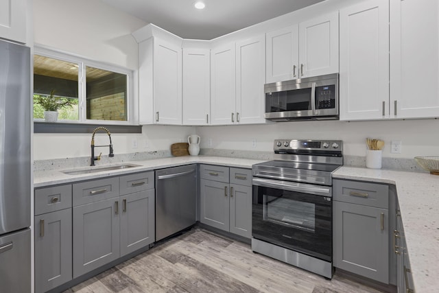 kitchen with gray cabinets, stainless steel appliances, white cabinetry, and sink