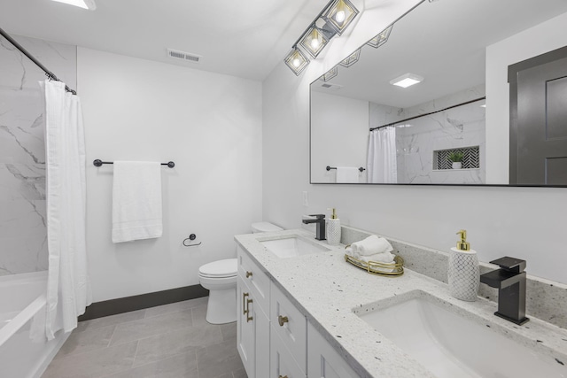 full bathroom with tile patterned flooring, vanity, toilet, and shower / bathtub combination with curtain