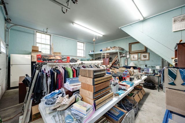 garage with white refrigerator