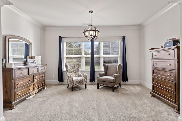 sitting room featuring light carpet, an inviting chandelier, and ornamental molding