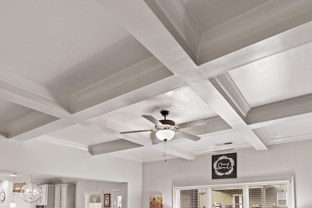 details featuring ceiling fan with notable chandelier, coffered ceiling, beamed ceiling, and ornamental molding