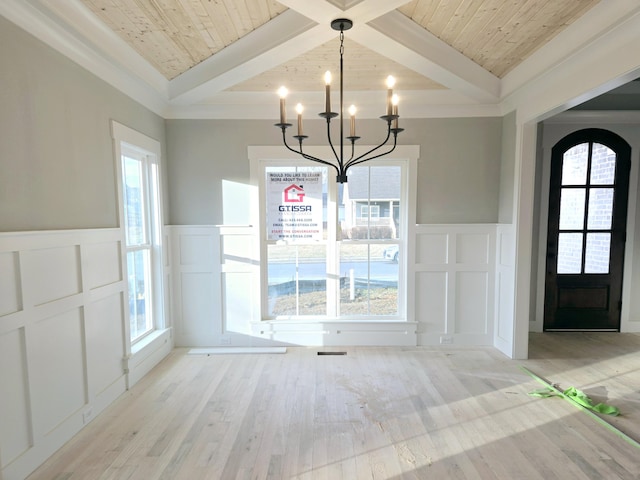 unfurnished dining area featuring a healthy amount of sunlight, light hardwood / wood-style floors, and wooden ceiling