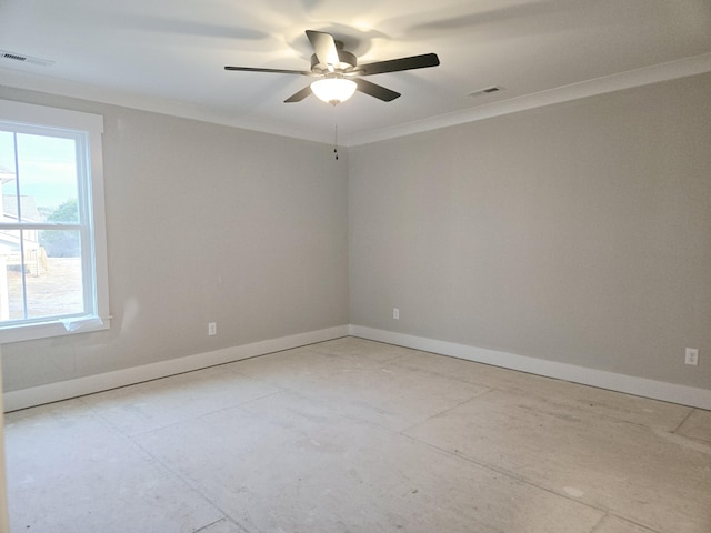 spare room with crown molding and ceiling fan