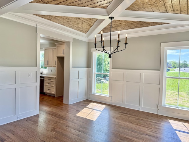 283 Quartz Dr Unit 22, Chickamauga, GA 30707 - unfurnished dining area with a decorative wall, a wainscoted wall, a chandelier, healthy amount of natural light, and wood finished floors