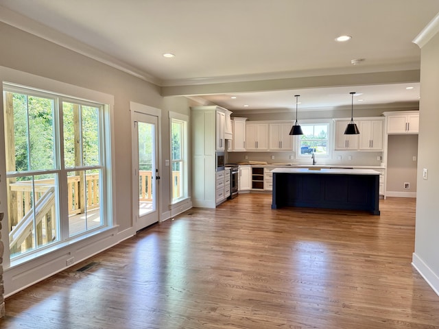 283 Quartz Dr Unit 22, Chickamauga, GA 30707 - kitchen featuring ornamental molding, baseboards, light countertops, white cabinets, and wood finished floors