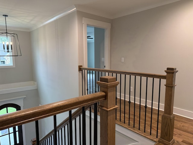 283 Quartz Dr Unit 22, Chickamauga, GA 30707 - hallway with an upstairs landing, wood finished floors, a chandelier, and crown molding