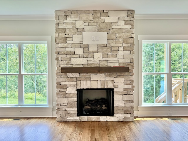 283 Quartz Dr Unit 22, Chickamauga, GA 30707 - detailed view of ornamental molding, a stone fireplace, and wood finished floors