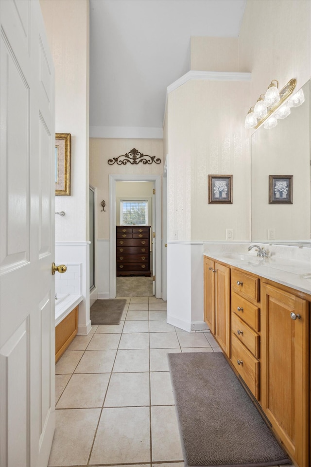 bathroom featuring vanity, plus walk in shower, tile patterned flooring, and high vaulted ceiling