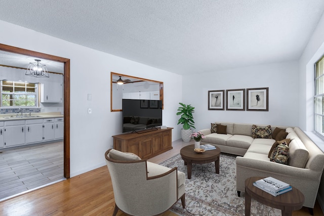 living room with a textured ceiling, sink, ceiling fan with notable chandelier, and light hardwood / wood-style flooring