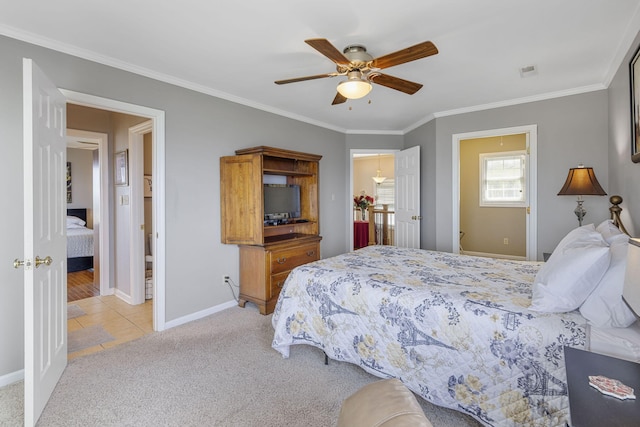 bedroom with light carpet, baseboards, visible vents, and ornamental molding