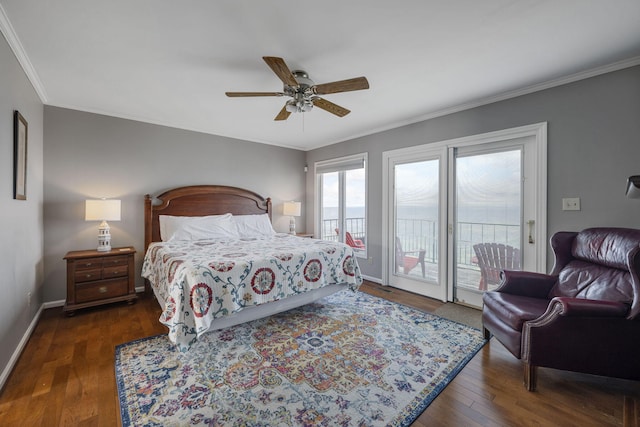 bedroom with baseboards, ceiling fan, ornamental molding, dark wood-type flooring, and access to exterior