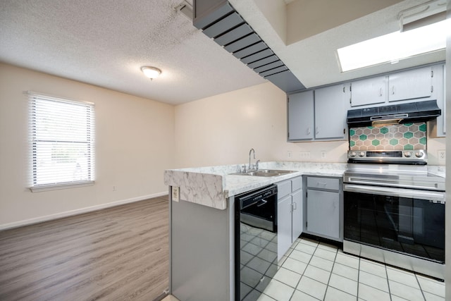 kitchen with dishwasher, light hardwood / wood-style flooring, kitchen peninsula, gray cabinets, and stainless steel electric range oven