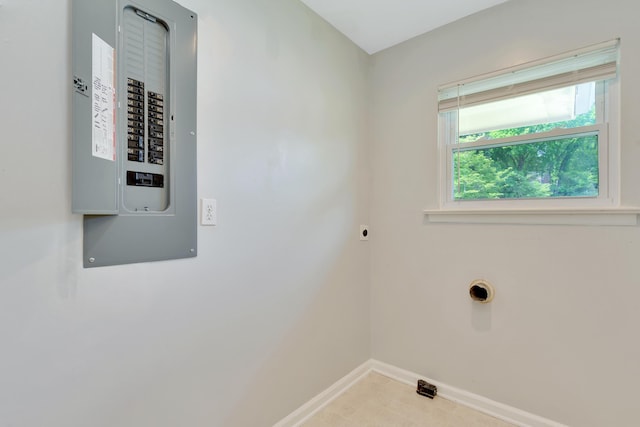 laundry room featuring baseboards, hookup for an electric dryer, laundry area, and electric panel