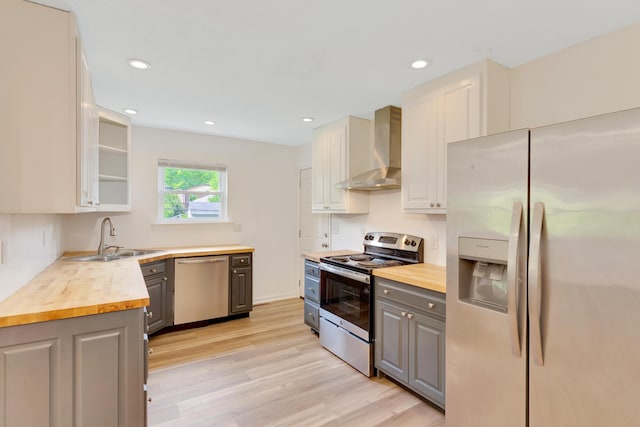 kitchen featuring butcher block countertops, wall chimney range hood, gray cabinets, a sink, and stainless steel appliances