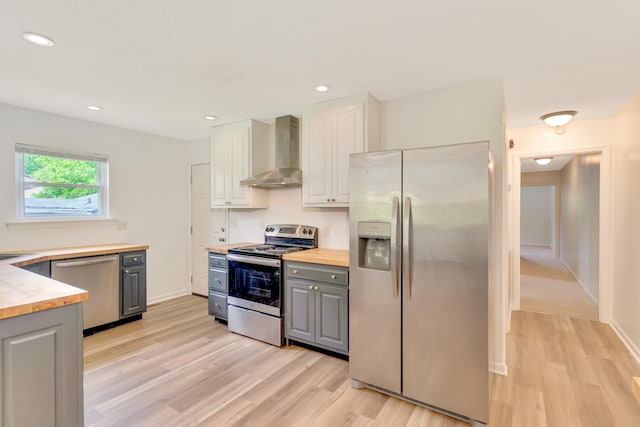 kitchen with light wood finished floors, wooden counters, gray cabinets, wall chimney exhaust hood, and stainless steel appliances