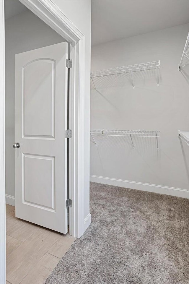 walk in closet featuring light colored carpet