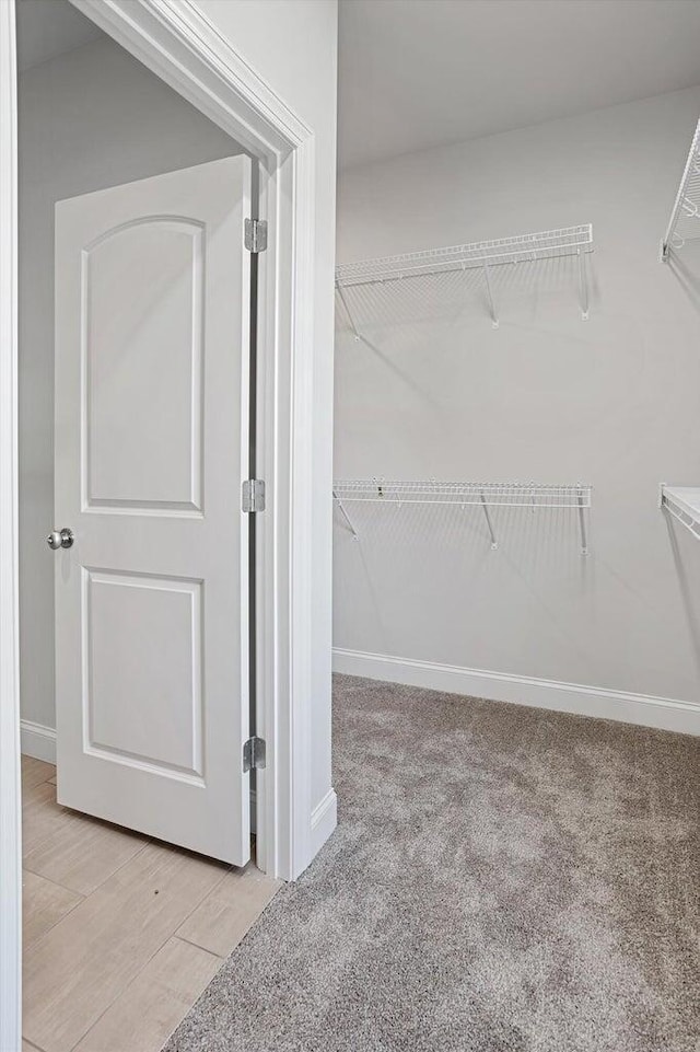 walk in closet featuring light carpet