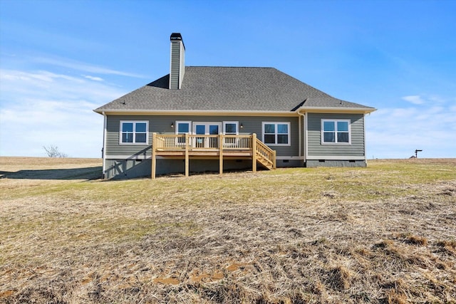 rear view of property with a chimney, stairs, crawl space, and a deck