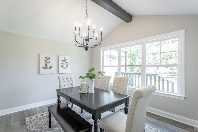 dining area with vaulted ceiling with beams, a notable chandelier, and dark wood-type flooring