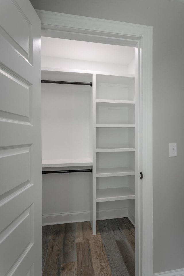 walk in closet with dark hardwood / wood-style floors