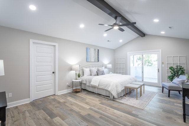 bedroom featuring access to outside, hardwood / wood-style flooring, lofted ceiling with beams, and ceiling fan