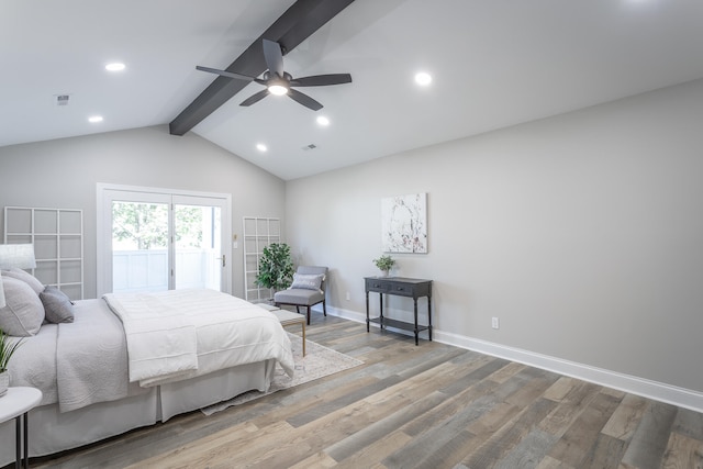 bedroom featuring lofted ceiling with beams, ceiling fan, wood-type flooring, and access to outside