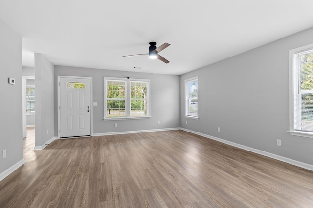 interior space featuring light hardwood / wood-style floors, a wealth of natural light, and ceiling fan