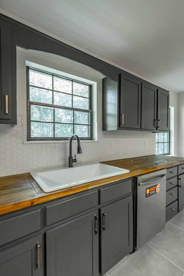 kitchen featuring decorative backsplash, stainless steel dishwasher, butcher block counters, gray cabinetry, and sink