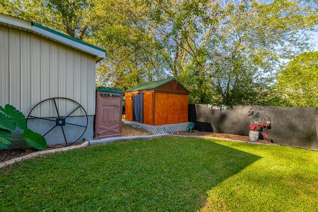 view of yard featuring a storage unit