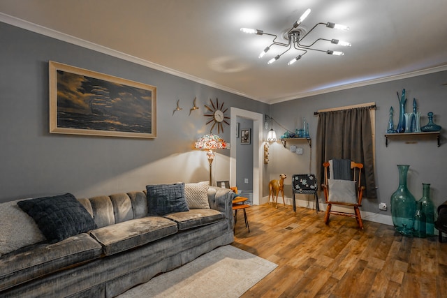 living room featuring crown molding and hardwood / wood-style flooring