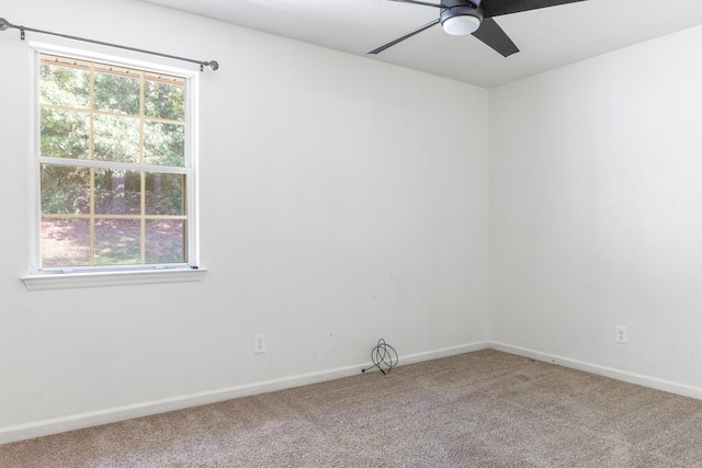 carpeted spare room with ceiling fan