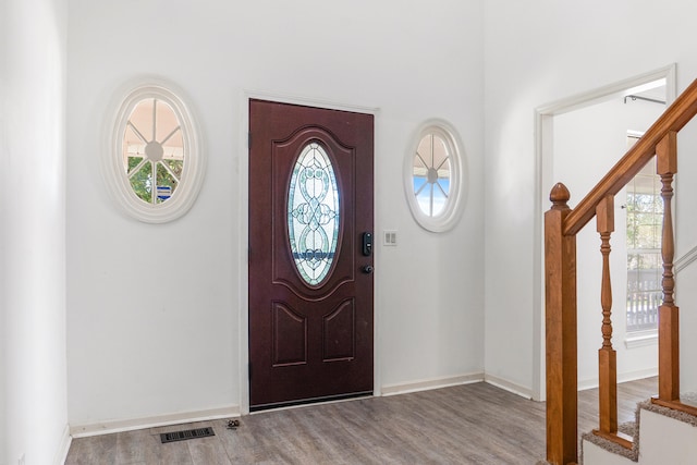 foyer entrance with wood-type flooring and a wealth of natural light