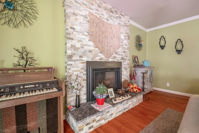 living room featuring crown molding, baseboards, wood finished floors, and a fireplace
