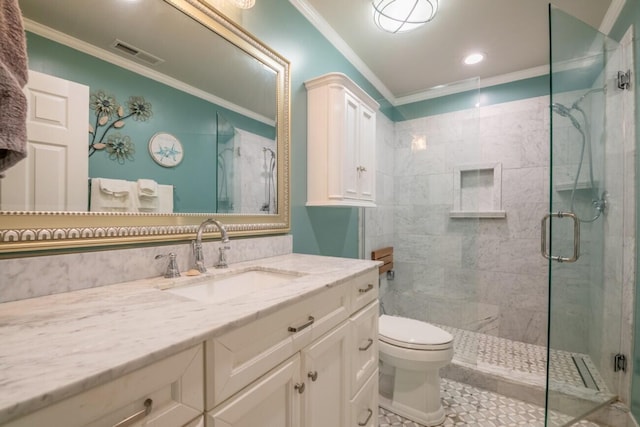 full bathroom featuring crown molding, a stall shower, toilet, and visible vents