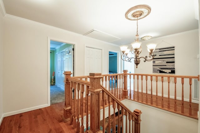 hallway featuring ornamental molding and wood-type flooring