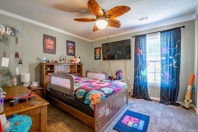 bedroom with baseboards, visible vents, ornamental molding, and carpet flooring