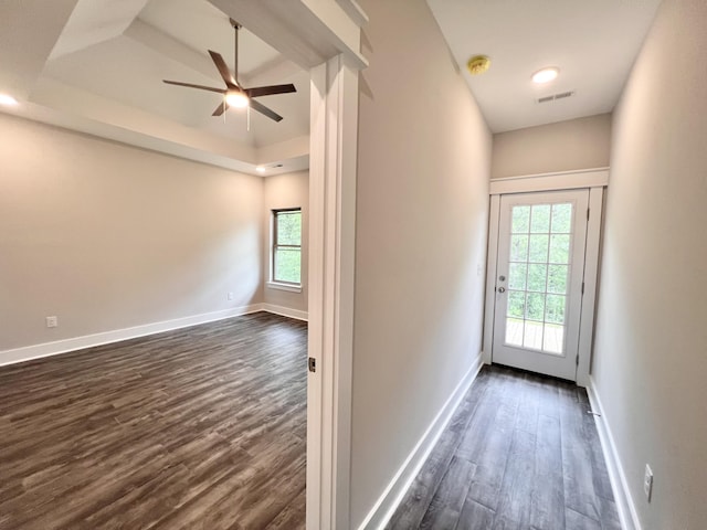 60 Ables Way, Ringgold, GA 30736 - doorway to outside featuring dark wood finished floors, ceiling fan, baseboards, and a tray ceiling