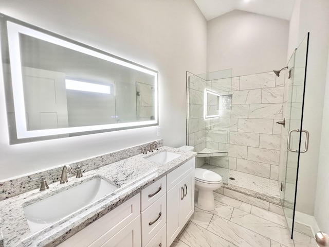 60 Ables Way, Ringgold, GA 30736 - full bathroom featuring marble look tile flooring, a stall shower, toilet, double vanity, and vaulted ceiling
