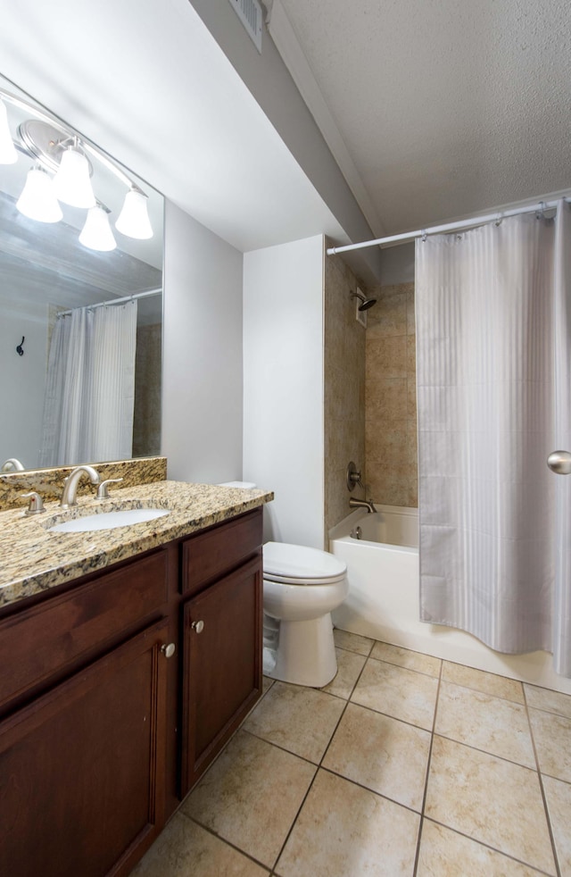 full bathroom with shower / bathtub combination with curtain, tile patterned flooring, a textured ceiling, toilet, and vanity