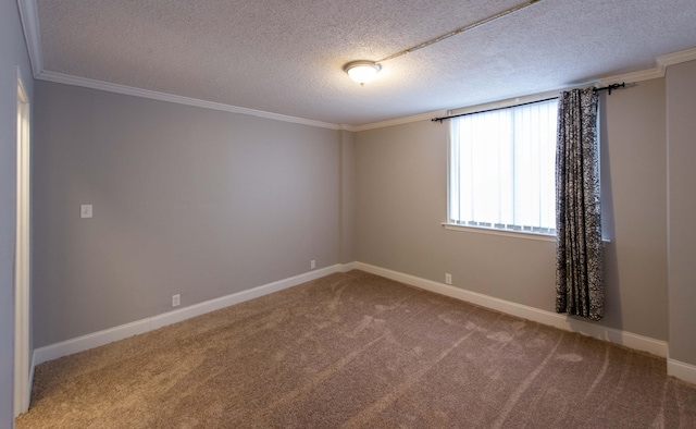 empty room featuring carpet, crown molding, and a textured ceiling