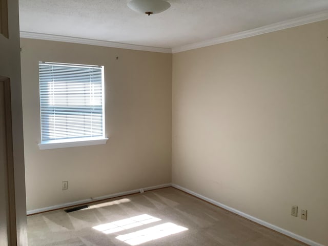 empty room with light colored carpet, a textured ceiling, and crown molding